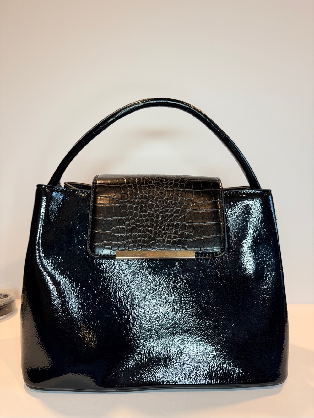 Black Patent Croc-Detail Top-Handle Satchel